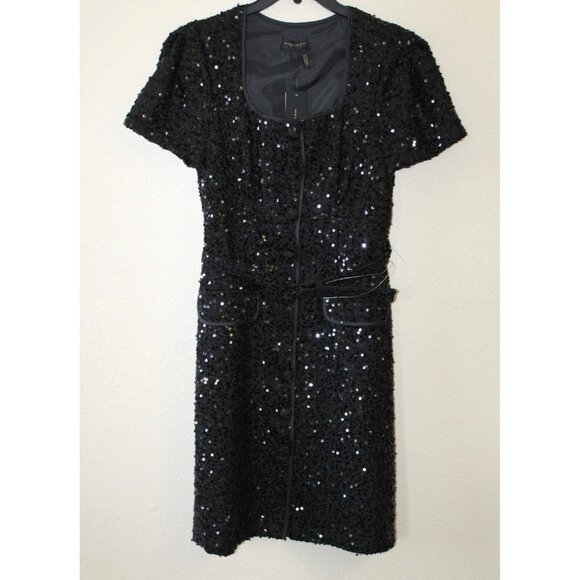 Donna Karan New York Black Sequins Short Sleeve Button Front Belted Dress 4 NWT - Picture 1 of 5